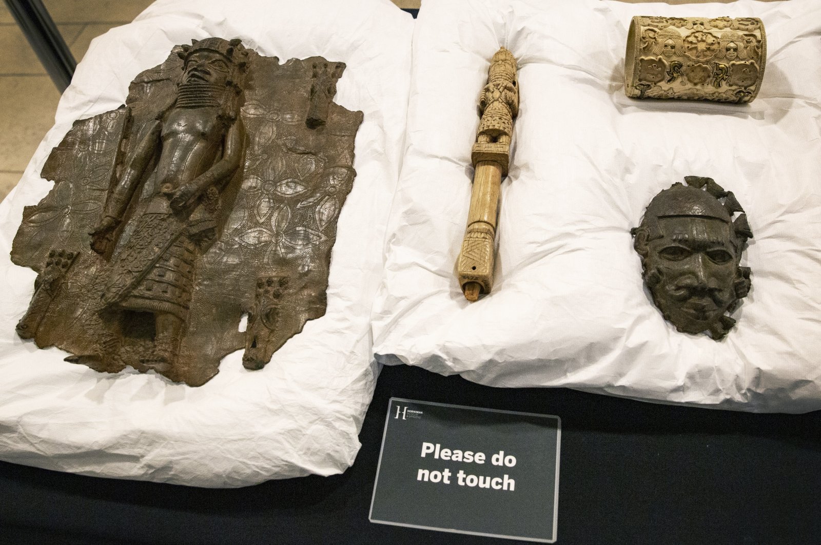 Artifacts on show during a ceremony at the Horniman Museum where the museum began the process of returning looted Benin bronzes to Nigeria, London, U.K, Nov. 28, 2022.