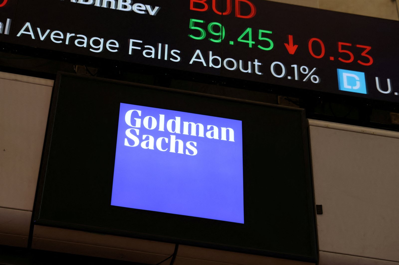 The logo for Goldman Sachs is seen on the trading floor at the New York Stock Exchange (NYSE), New York, U.S., Nov. 17, 2021. (Reuters Photo)