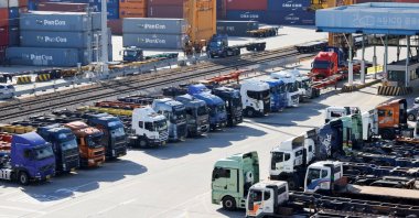 Trucks are parked at a terminal of the Inland Container Depot in Uiwang, South Korea, Nov. 30, 2022. (Reuters Photo)