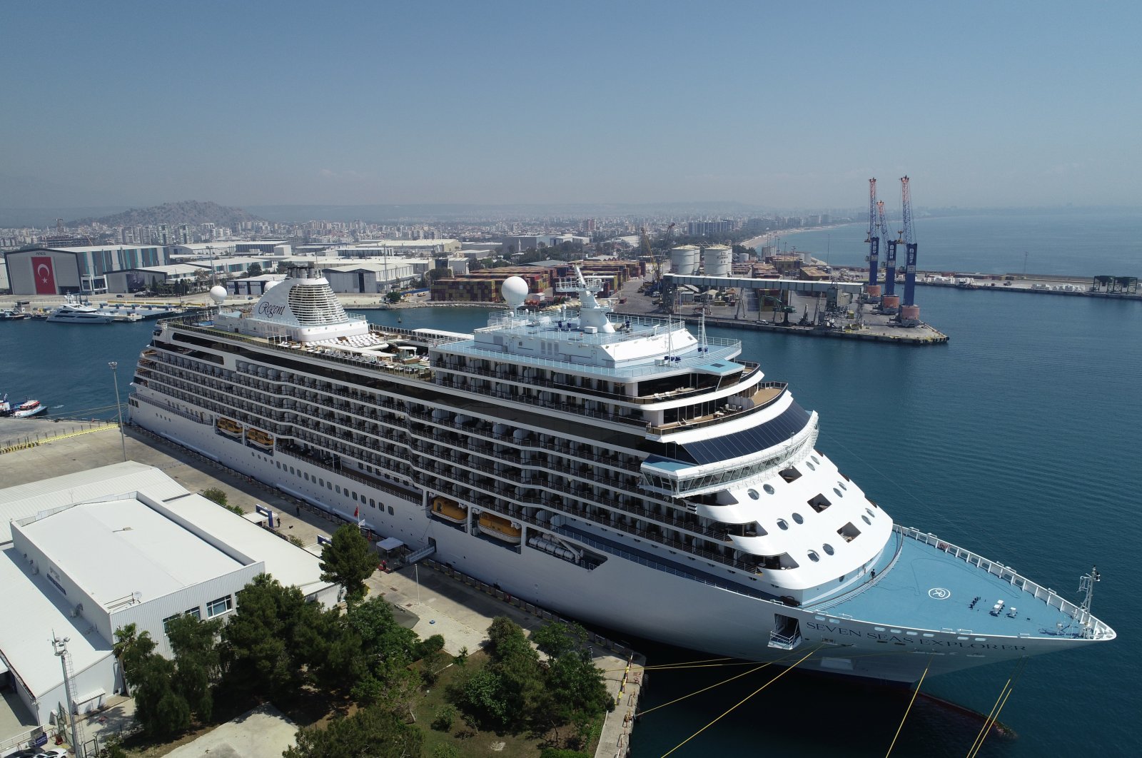 The Seven Seas Explorer cruise ship is seen docked at QTerminals Antalya Port, southern Türkiye, May 18, 2022. (AA Photo)