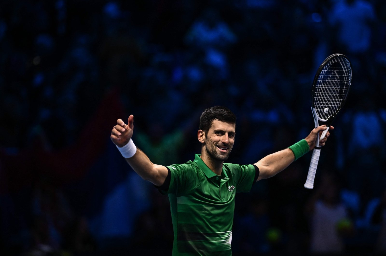Serbia&#039;s Novak Djokovic celebrates after winning his men&#039;s single final match against Norway&#039;s Casper Ruud at the ATP Finals tennis tournament, Turin, Italy, Nov. 20, 2022. (AFP Photo)