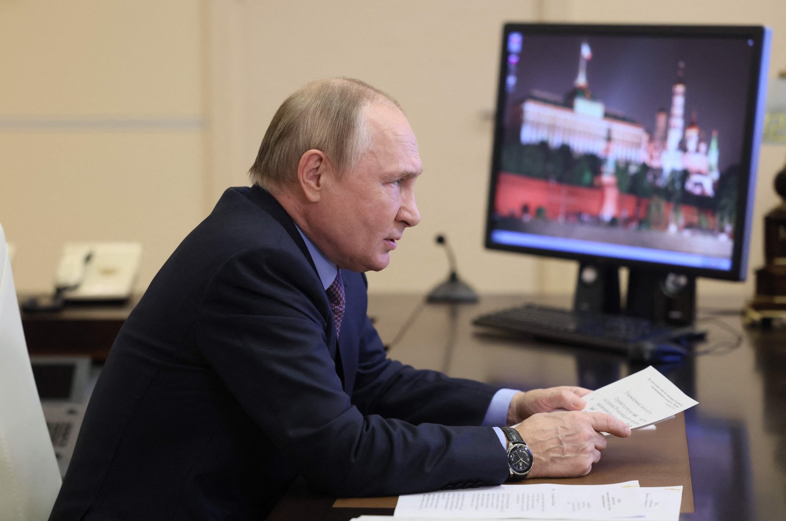 Russian President Vladimir Putin chairs a meeting of the Pobeda (Victory) organizing committee via teleconference call at the Novo-Ogaryovo state residence, outside Moscow, Russia, Nov. 15, 2022. (AFP Photo)