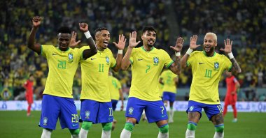 Brazil players celebrate after the team's second goal from the penalty spot during the Qatar 2022 World Cup round of 16 football match between Brazil and South Korea at Stadium 974, Doha, Qatar, Dec. 5, 2022. (AFP Photo)