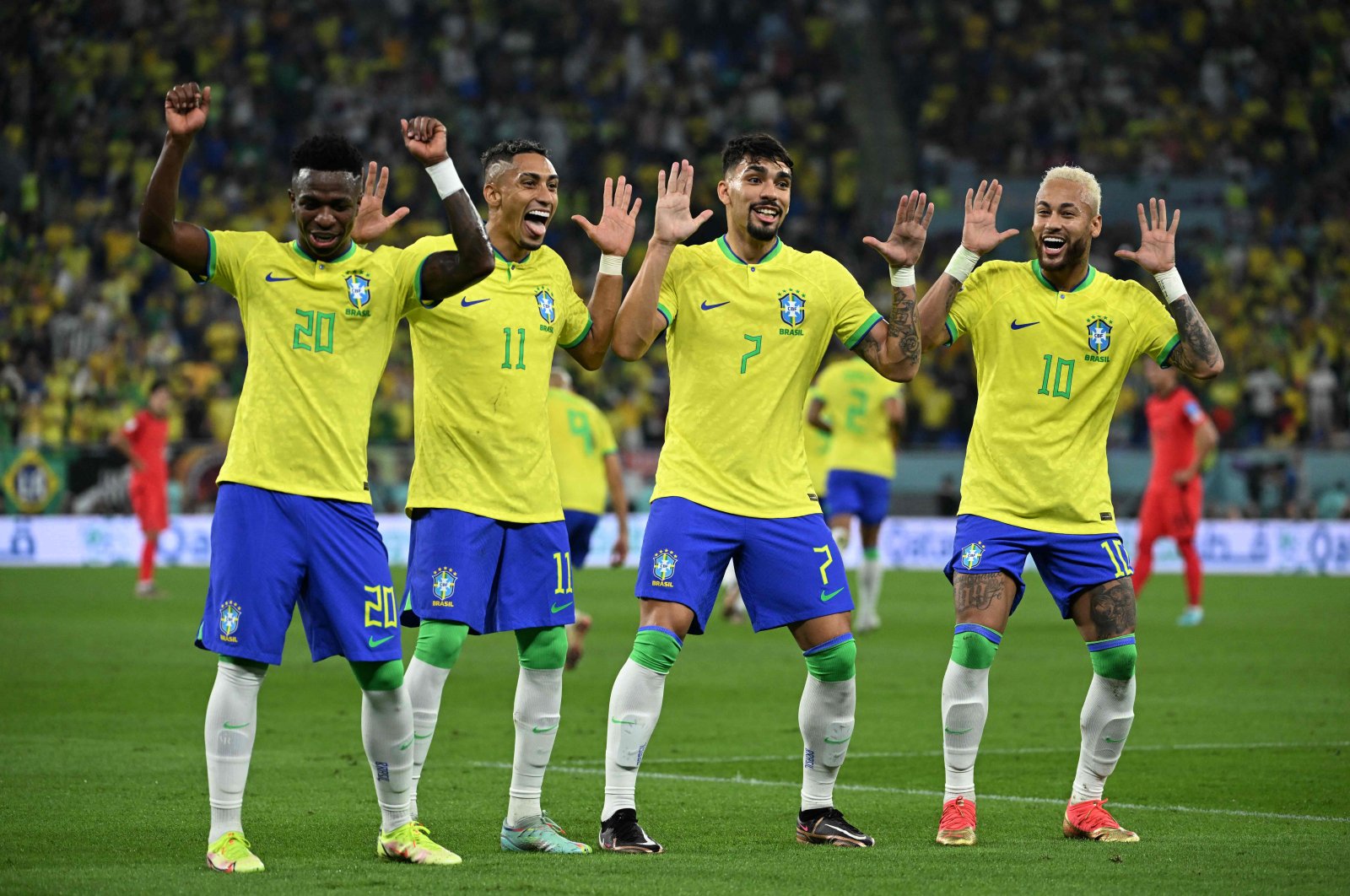 Brazil players celebrate after the team&#039;s second goal from the penalty spot during the Qatar 2022 World Cup round of 16 football match between Brazil and South Korea at Stadium 974, Doha, Qatar, Dec. 5, 2022. (AFP Photo)