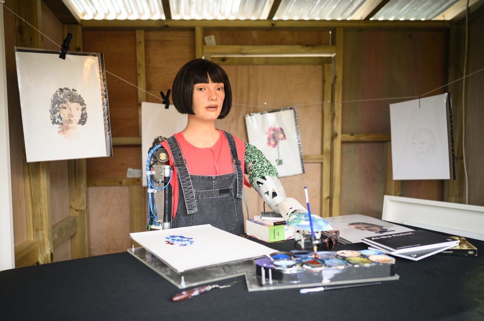 Robot artist Ai-da paints portraits during day two of the Glastonbury Festival at Worthy Farm, Pilton in Glastonbury, U.K., June 23, 2022. (Getty Images Photo)