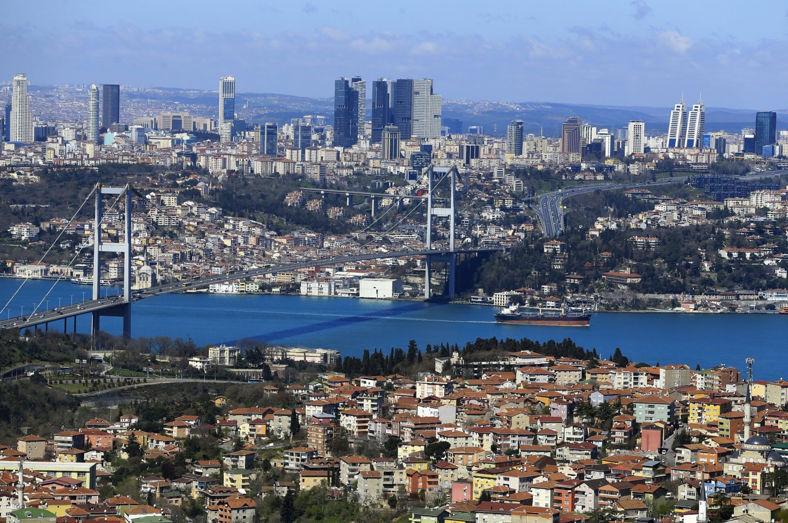 The July 15 Martyrs Bridge, formerly known as the Bosporus Bridge, is seen in Istanbul, Türkiye, April 9, 2020. (AA Photo)