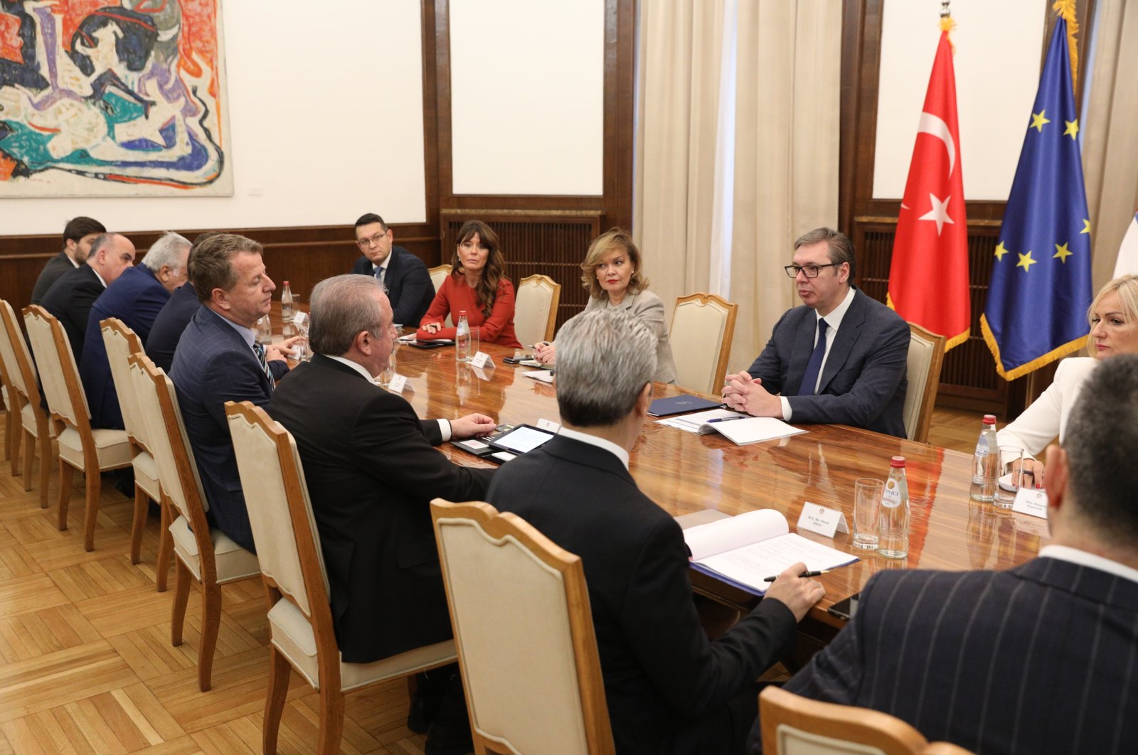 Turkish Parliament Speaker Mustafa Şentop and his delegation attend a meeting with Serbian President Aleksandar Vucic in the capital Belgrade, Dec. 8, 2022. (AA Photo)