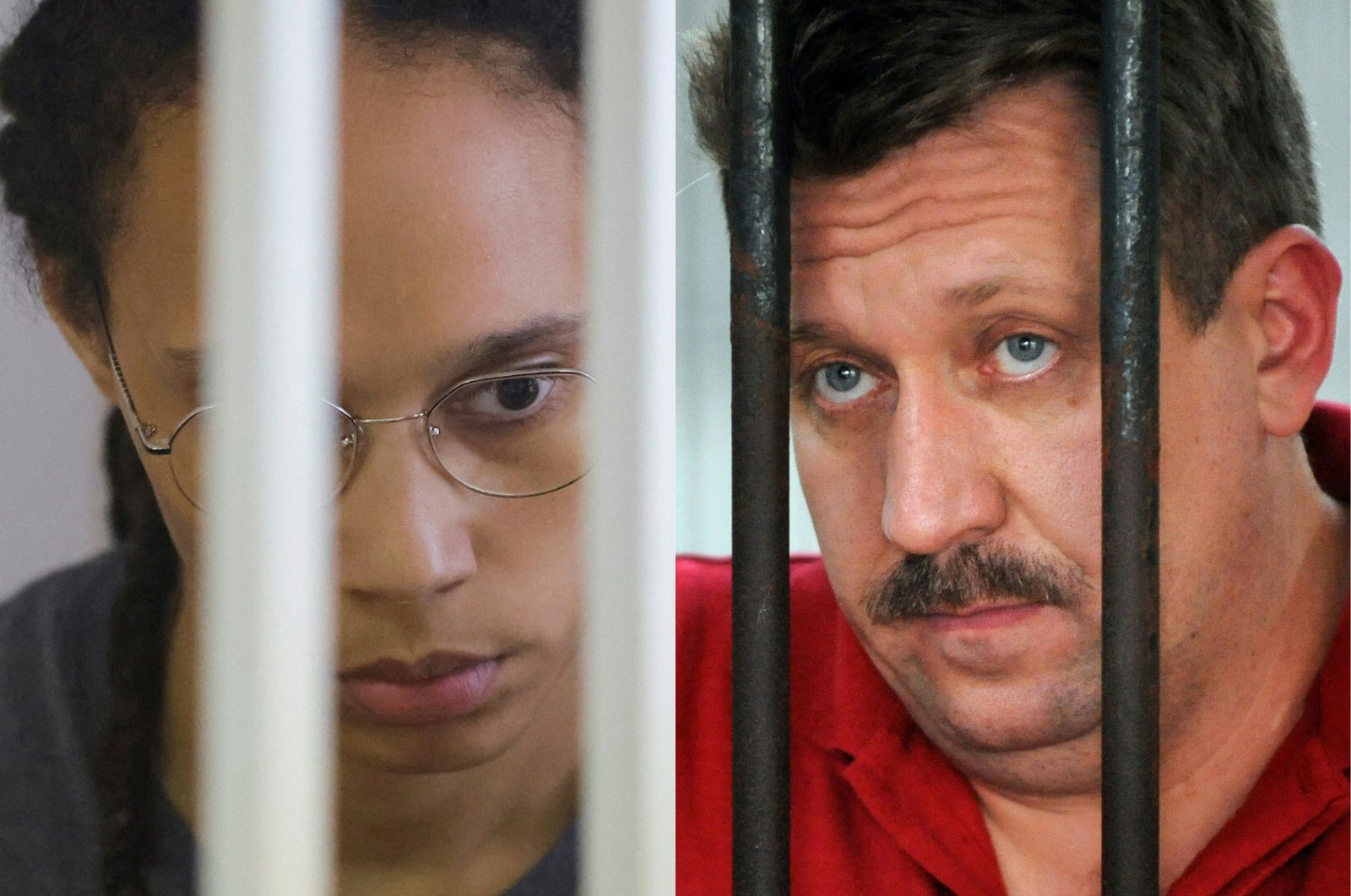 This combination of file photos created on Dec. 8, 2022, shows U.S. basketball player Brittney Griner Brittney Griner waiting for the verdict inside a defendants&#039; cage during a hearing in Khimki, outside Moscow, Aug. 4, 2022, and Russian arms dealer Viktor Bout waiting at a detention center of criminal court in Bangkok, Thailand, March 8, 2008.