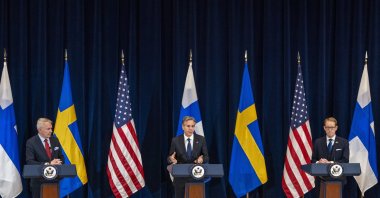 (L-R) Finland's Foreign Minister Pekka Haavisto, U.S. Secretary of State Antony Blinken and Sweden's Foreign Minister Tobias Billstroem address a joint press conference at the U.S. State Department in Washington, D.C., United States, Dec. 8, 2022. (EPA Photo)