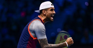 Australia's Nick Kyrgios reacts during his men's double round-robin match with Australia's Thanasi Kokkinakis against Britain's Neal Skupski and The Netherlands Wesley Koolhof at the ATP Finals tennis tournament, Turin, Italy, Nov. 14, 2022. (AFP Photo)