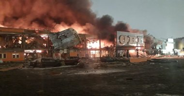 In this image made available by the Moscow branch of the Ministry of Defense, Emergencies and Elimination of Consequences of Natural Disasters, a fire is seen burning at the OBI hypermarket in the Mega Khimki shopping center outside Moscow, Russia, Dec. 9, 2022. (EPA Photo)
