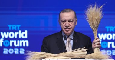 President Recep Tayyip Erdoğan speaks at the TRT World Forum in Istanbul, Türkiye, Dec. 9, 2022. (AA Photo)