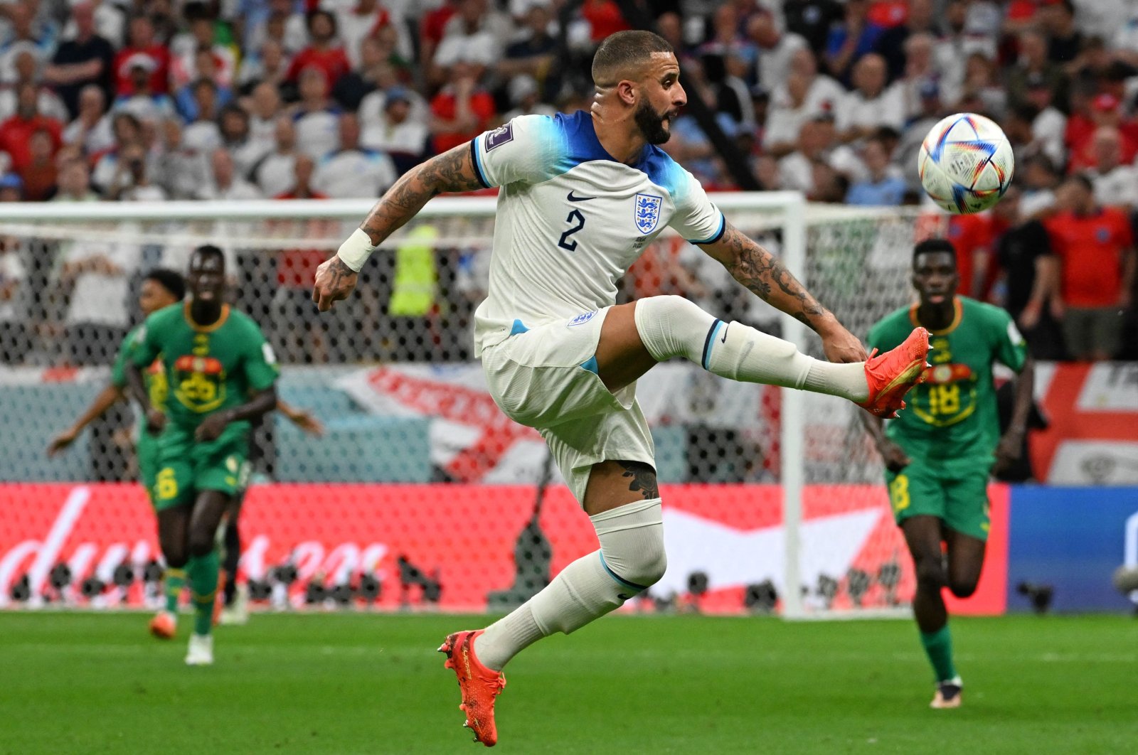 England defender Kyle Walker controls the ball during the Qatar 2022 World Cup round of 16 football match between England and Senegal at the Al-Bayt Stadium, Al Khor, Doha, Dec. 4, 2022. (AFP Photo)