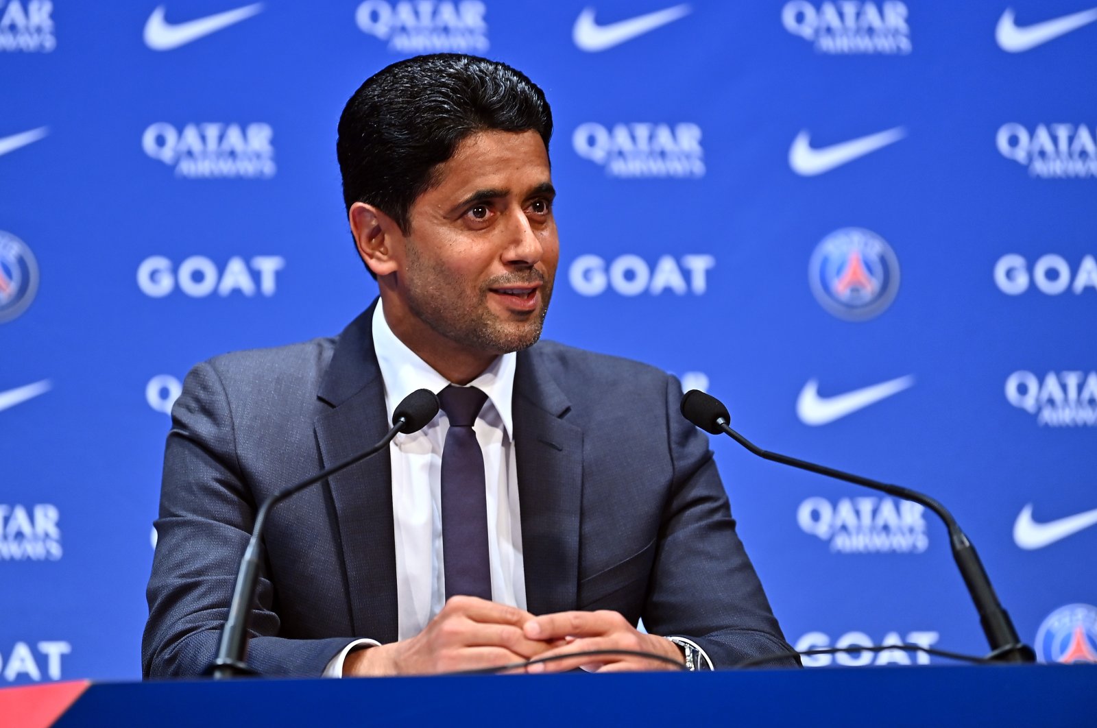 European Club Association Chairperson Nasser al-Khelaifi speaks to journalists during the press conference of Paris at Parc des Princes in Paris, France, July 5, 2022. (Getty Images Photo)