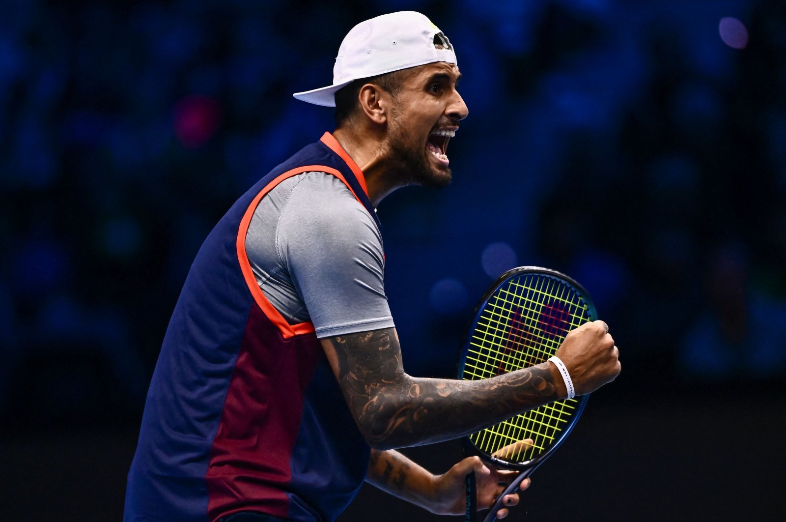 Australia&#039;s Nick Kyrgios reacts during his men&#039;s double round-robin match with Australia&#039;s Thanasi Kokkinakis against Britain&#039;s Neal Skupski and The Netherlands Wesley Koolhof at the ATP Finals tennis tournament, Turin, Italy, Nov. 14, 2022. (AFP Photo)