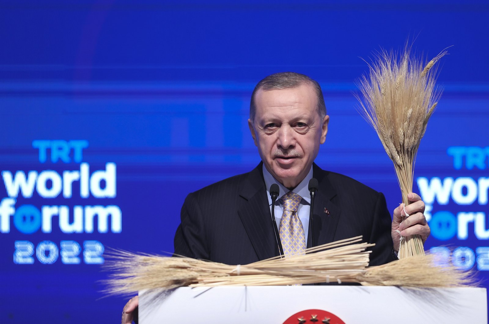 President Recep Tayyip Erdoğan speaks at the TRT World Forum in Istanbul, Türkiye, Dec. 9, 2022. (AA Photo)