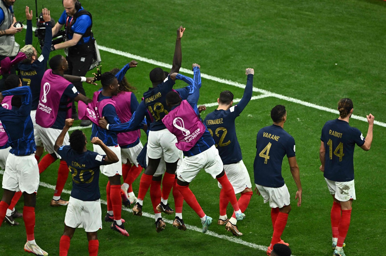 France&#039;s players celebrate their victory in the Qatar 2022 World Cup quarter-final football match between England and France, at the Al-Bayt Stadium, in Al Khor, north of Doha, Qatar, Dec. 10, 2022. (AFP Photo)