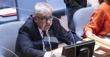 Russian Deputy Foreign Minister Sergey Vershinin addresses a United Nations Security Council meeting on the tensions between Ukraine and Russia at United Nations headquarters in New York, New York, U.S., Feb. 17, 2022. (EPA Photo)