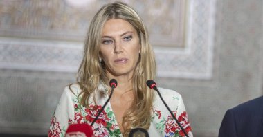 Greek MEP Eva Kaili holds a joint press conference in Rabat, Morocco, Oct. 10, 2022. (EPA Photo)