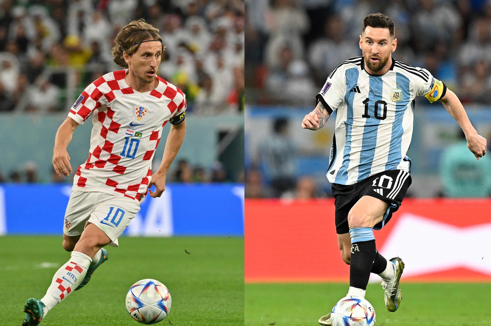 A collage of Croatia&#039;s midfielder Luka Modric in Doha on Dec. 9, 2022, and Argentinian forward Lionel Messi, Doha, Qatar, Dec. 3, 2022. (AFP Photo)