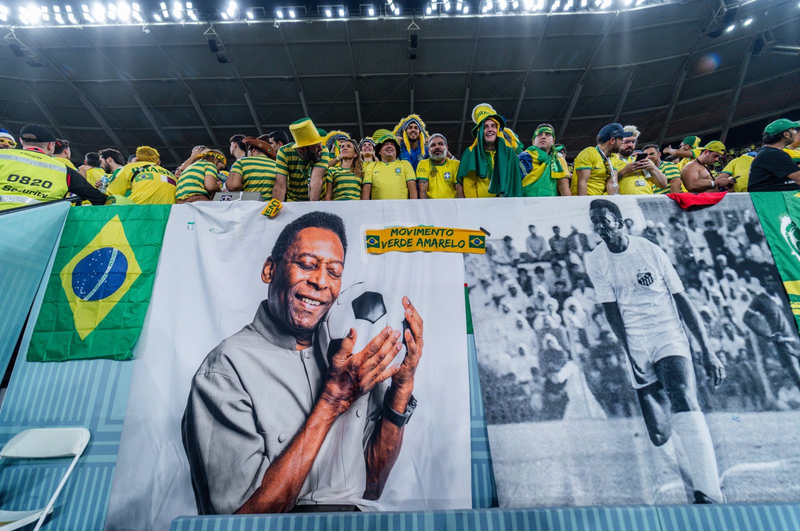 Brazil fans show their support with a banner depicting former Brazil player Pele during the FIFA World Cup Qatar 2022 Round of 16 match between Brazil and South Korea at Stadium 974, Doha, Qatar, Dec. 5, 2022. (Getty Images Photo)