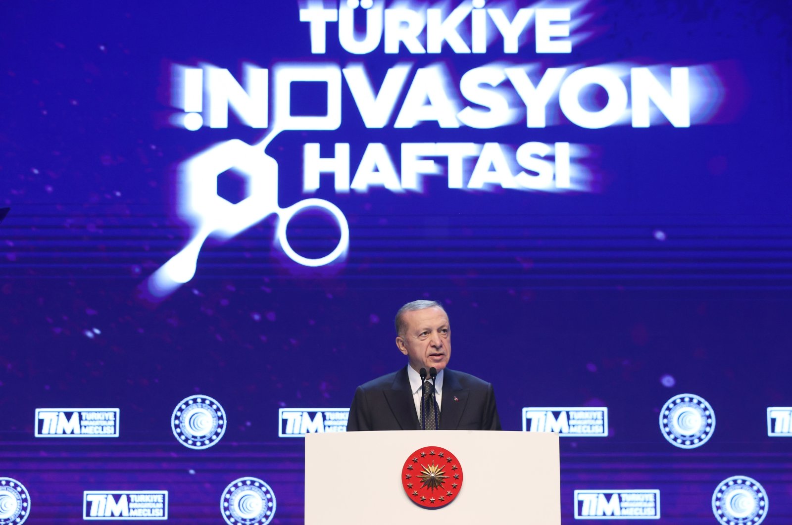 President Recep Tayyip Erdoğan delivers a speech during an award ceremony on the sidelines of the Türkiye Innovation Week event, in Istanbul, Türkiye, Dec. 12, 2022. (AA Photo)
