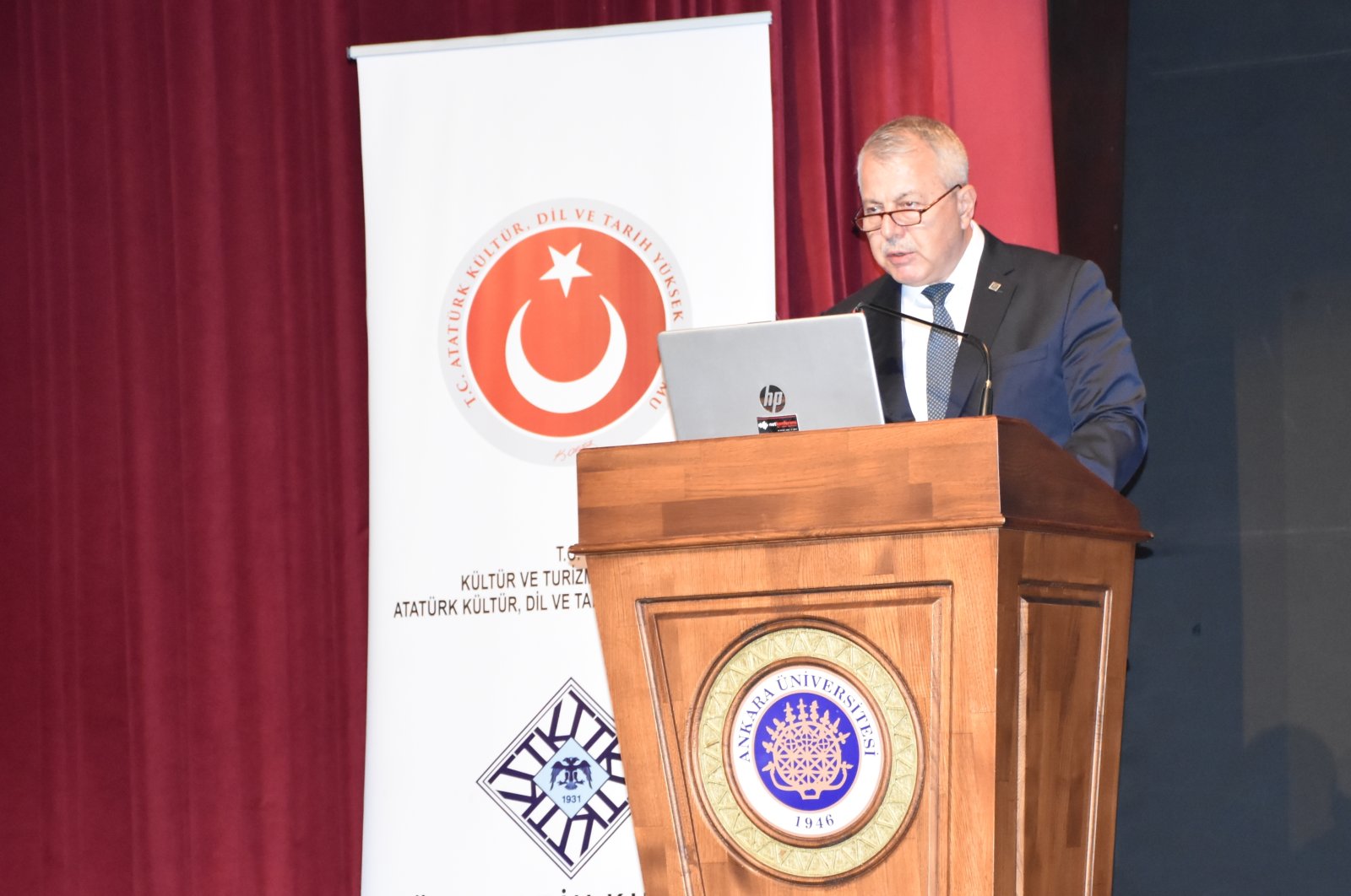TTK President Birol Çetin speaks at the panel entitled “Greek Uprising and Terror: Tripolitsa Massacre” in Ankara, Dec. 12, 2022. (AA Photo)