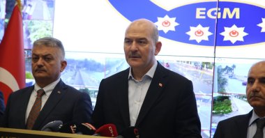 Interior Minister Süleyman Soylu speaks at the press conference about the operations, Antalya, southern Türkiye, Dec. 13, 2022. (AA Photo)