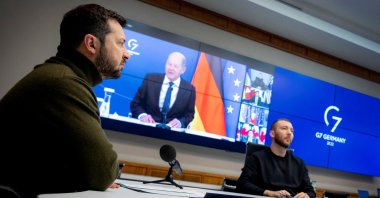 Ukraine's President Volodymyr Zelenskyy attends a meeting of G7 leaders via video link, Kyiv, Ukraine, Dec. 12, 2022. (Reuters Photo)