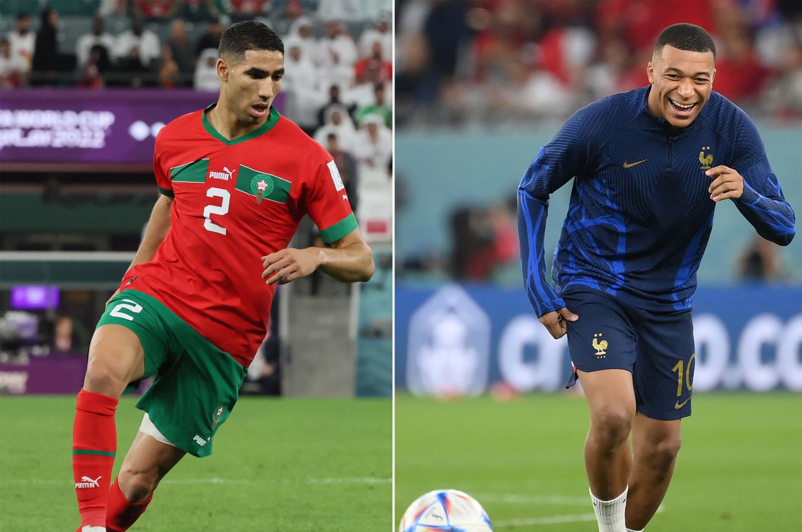 Collage of Morocco&#039;s defender Achraf Hakimi (L) and France&#039;s forward Kylian Mbappe (R), Doha, Qatar, Dec. 12, 2022. (AFP Photo)