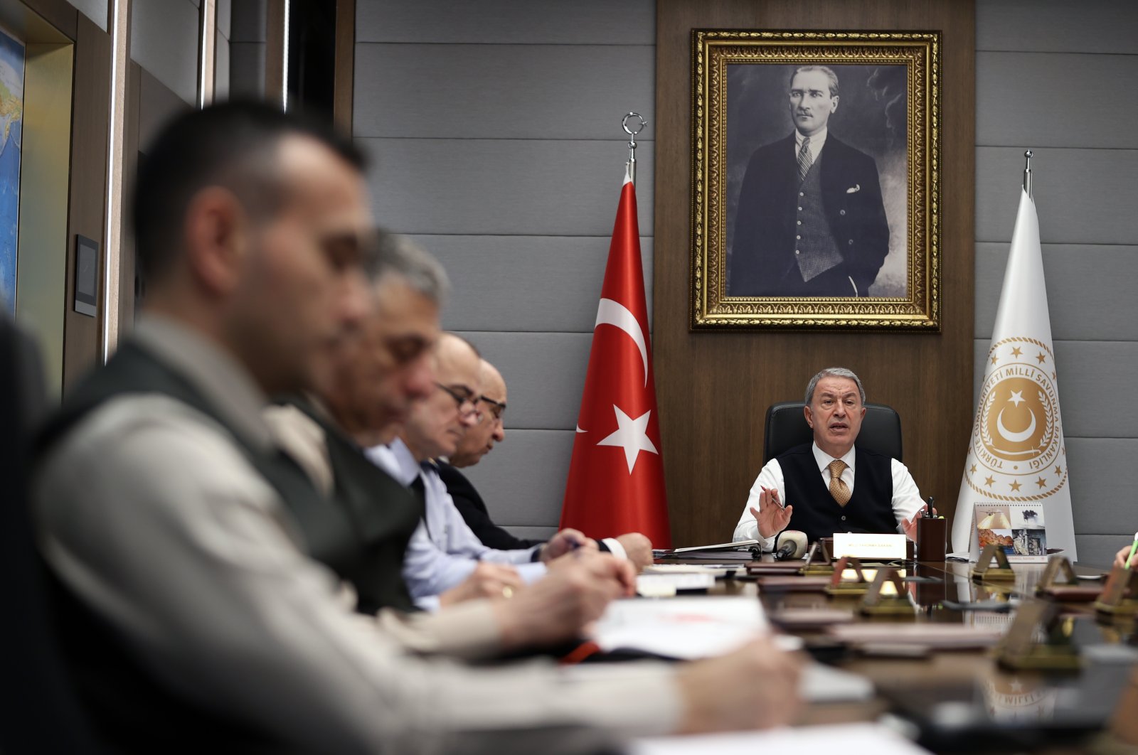 Defense Minister Hulusi Akar chairs a meeting with Turkish Armed Forces (TSK) commanders and unit commanders in the capital Ankara, Türkiye, Dec. 13, 2022. (AA Photo)