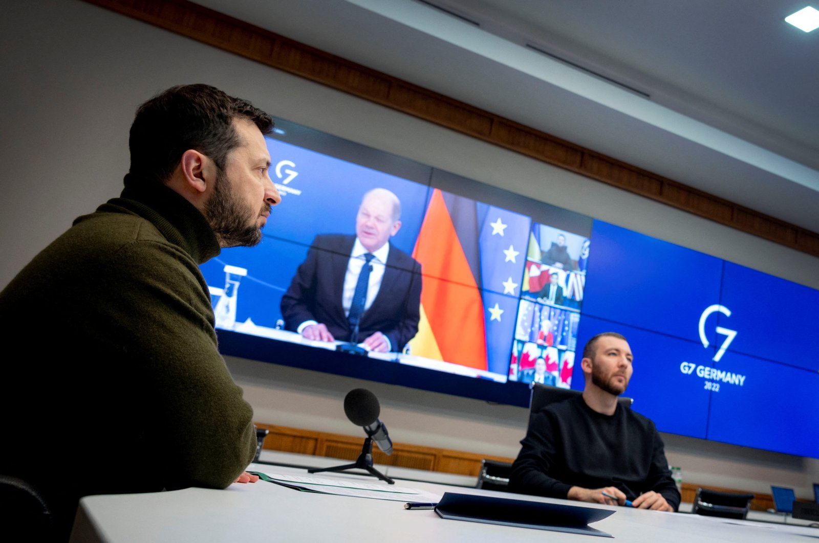Ukraine&#039;s President Volodymyr Zelenskyy attends a meeting of G7 leaders via video link, Kyiv, Ukraine, Dec. 12, 2022. (Reuters Photo)