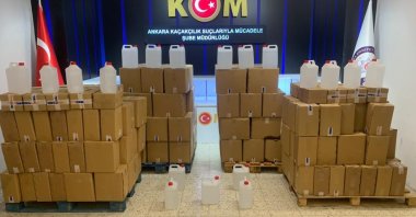 Police display the bootleg liquor seized in operations, in the capital Ankara, Türkiye, Dec. 14, 2022. (AA Photo)