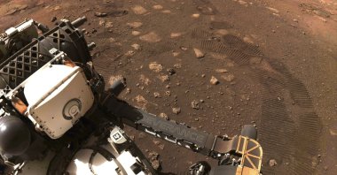 The first drive of the Perseverance rover on Mars, March 4, 2021. (AP Photo)