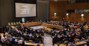 Member countries vote on the removal of Iran from membership in the Commission on the Status of Women during the 5th plenary meeting of the Economic and Social Council at the United Nations headquarters in New York City on Dec. 14, 2022. (AFP Photo)