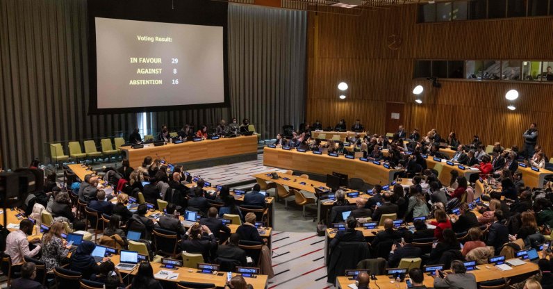 Member countries vote on the removal of Iran from membership in the Commission on the Status of Women during the 5th plenary meeting of the Economic and Social Council at the United Nations headquarters in New York City on Dec. 14, 2022. (AFP Photo)