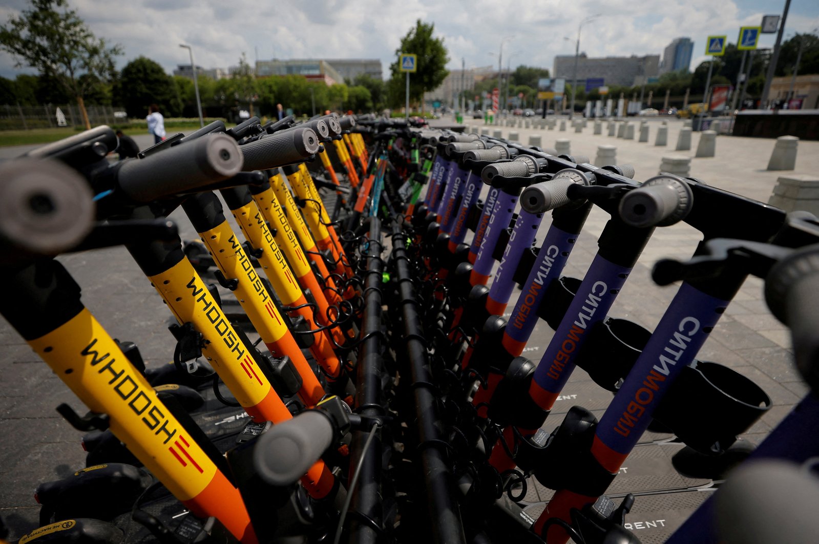 Electric scooters are parked at a station in Moscow, Russia, June 8, 2021. (Reuters Photo)