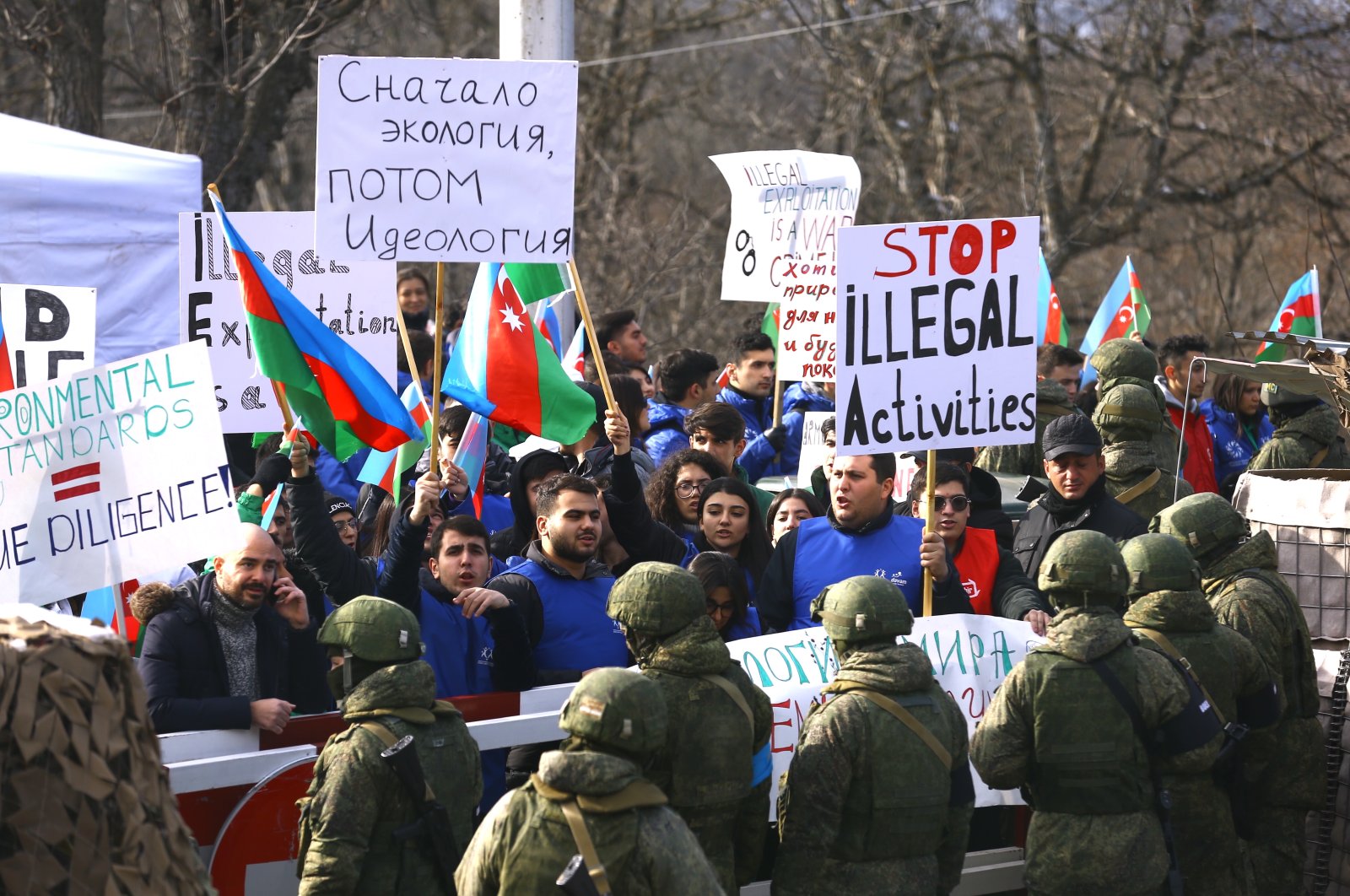 Azerbaijani ecologists and nongovernmental organizations protest the allegedly &quot;illegal exploitation&quot; of mines in the Karabakh region where Armenians live and Russian peacekeepers are stationed, Azerbaijan, Dec. 13, 2022. (AA Photo)