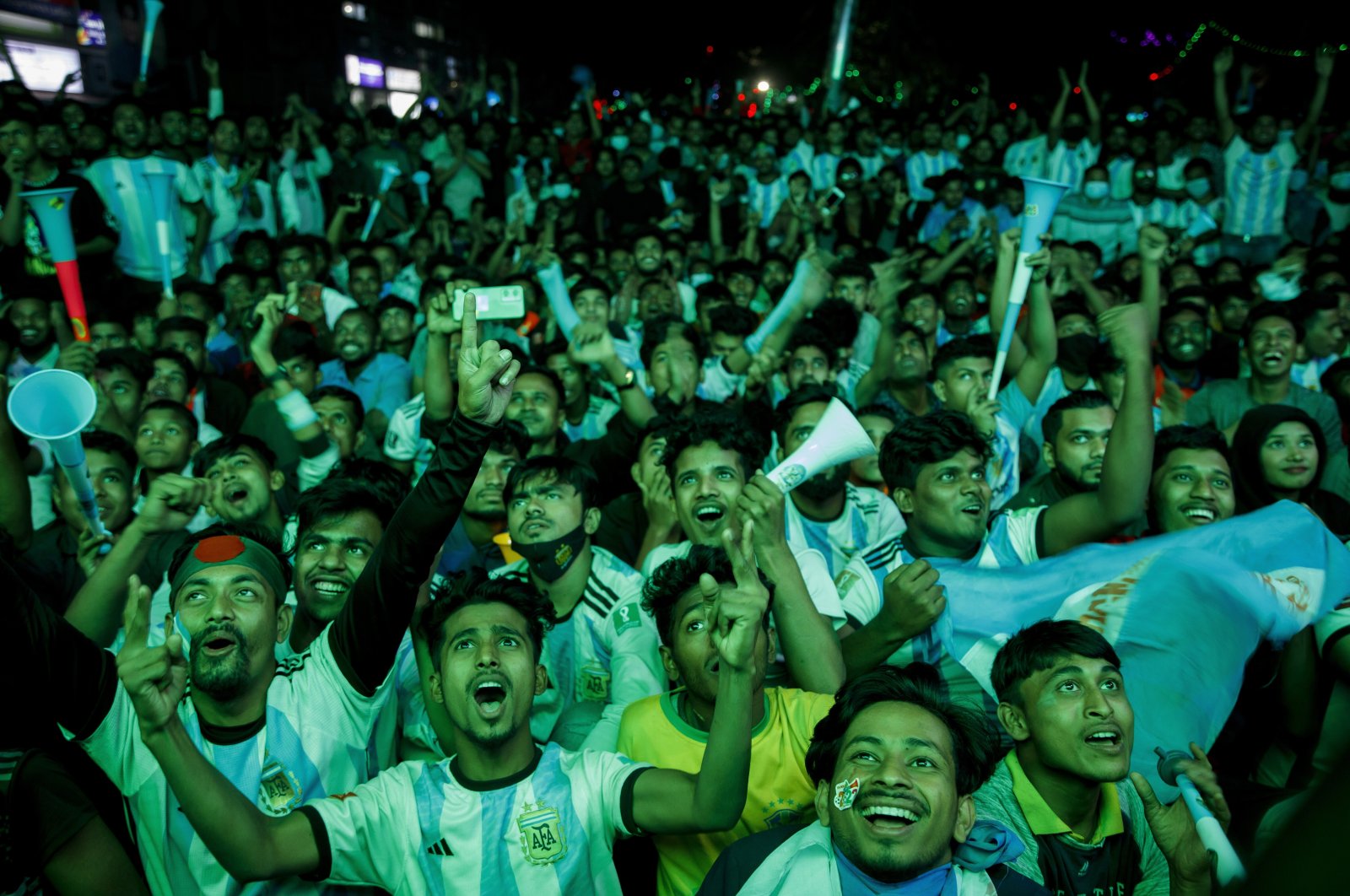 Bangladeshi Argentina fans react to Argentina&#039;s goal during the FIFA World Cup 2022 Qatar, Dhaka, Bangladesh, Dec. 4, 2022 (Getty Photo)