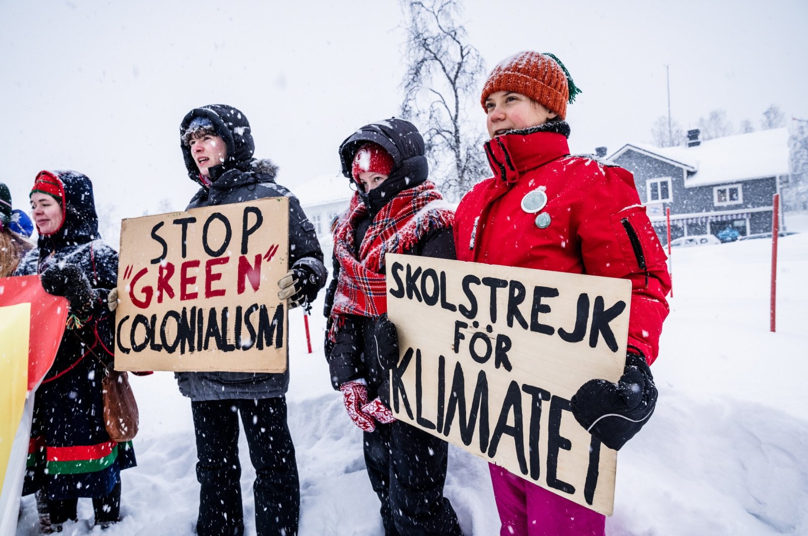Climate activist Greta Thunberg (R) during a protest against the proposed mine in Gallok, Jokkmokk, Sweden, Feb. 4, 2022. (EPA Photo)
