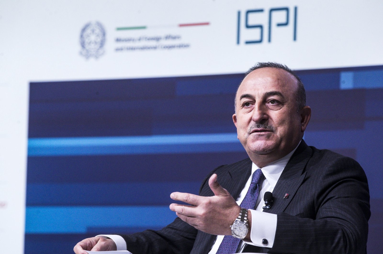 Foreign Minister Mevlüt Çavuşoğlu attends a panel during the Rome Med 2022, Mediterranean Dialogues conference in Rome, Italy, Dec. 2, 2022. (EPA Photo)