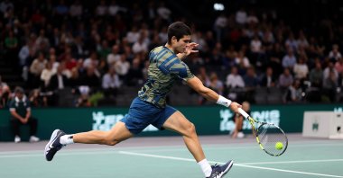 Carlos Alcaraz of Spain in action in his match against Holger Vitus Nodskov Rune of Denmark in the quarterfinals during day five of the Rolex Paris Masters tennis tournament at Palais Omnisports de Bercy, France, Nov. 4, 2022. (Getty Images Photo)