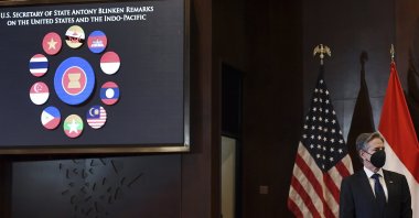 U.S. Secretary of State Antony Blinken is introduced to speak on the Biden administration&#039;s Indo-Pacific strategy at the Universitas Indonesia in Jakarta, Dec. 14, 2021. (AP Photo)