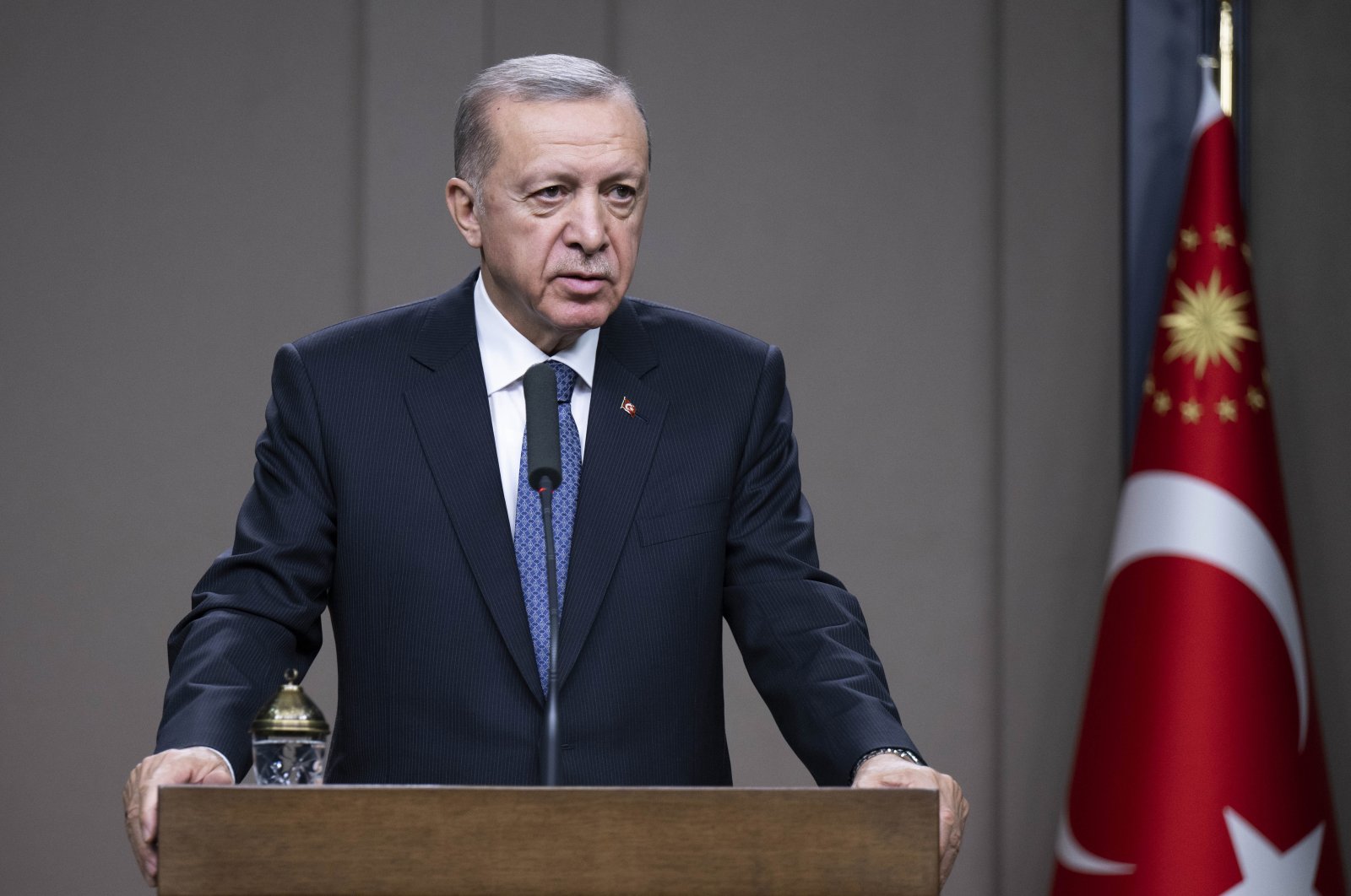 President Recep Tayyip Erdoğan speaks at a press conference in Ankara ahead of his trip to Turkmenistan, Türkiye, Dec.13, 2022 (AA Photo)