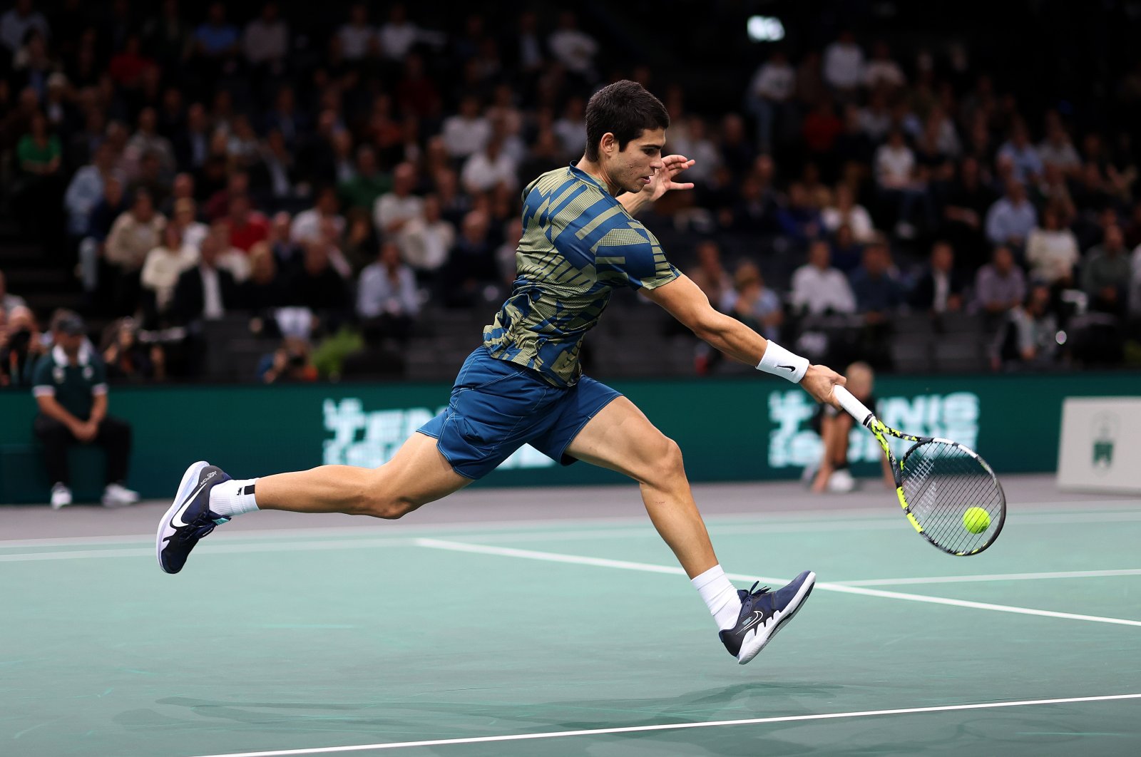Carlos Alcaraz of Spain in action in his match against Holger Vitus Nodskov Rune of Denmark in the quarterfinals during day five of the Rolex Paris Masters tennis tournament at Palais Omnisports de Bercy, France, Nov. 4, 2022. (Getty Images Photo)