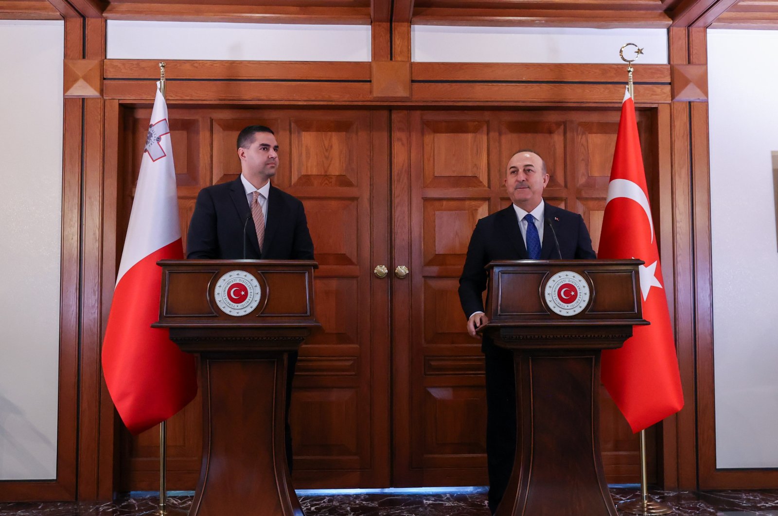 Foreign Minister Mevlüt Çavuşoğlu and his Maltese counterpart Ian Borg are seen at the foreign minister&#039;s residence in the capital Ankara, Türkiye, Dec. 15, 2022. (AA Photo)