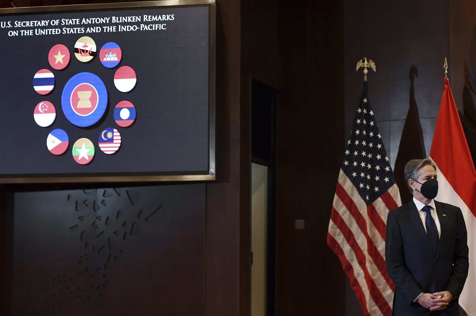 U.S. Secretary of State Antony Blinken is introduced to speak on the Biden administration&#039;s Indo-Pacific strategy at the Universitas Indonesia in Jakarta, Dec. 14, 2021. (AP Photo)