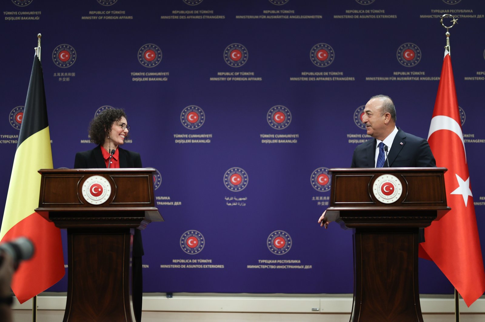 Foreign Minister Mevlüt Çavuşoğlu holds a joint news conference with his Belgian counterpart Hadja Lahbib in the capital Ankara, Türkiye, Dec. 15, 2022. (AA Photo)