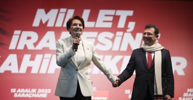 Turkish Good Party (IP) Chairperson Meral Akşener (L) and Istanbul Metropolitan Mayor Ekrem Imamoğlu (R) on stage at an opposition rally in Istanbul, Türkiye, Thursday, Dec. 15, 2022. (AA Photo)