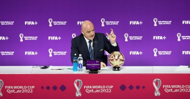 FIFA President Gianni Infantino speaks to the media ahead of the third place and final matches of the FIFA World Cup Qatar 2022 in Doha, Qatar, Dec. 16, 2022. (Getty Images Photo)